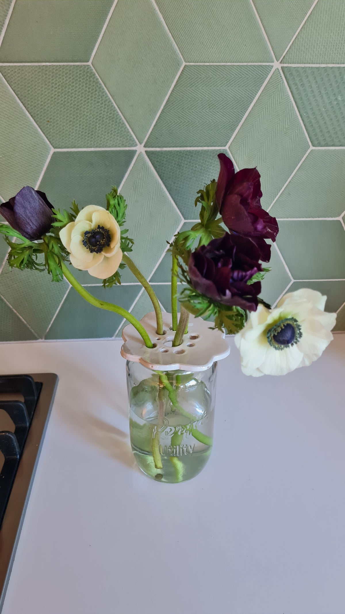 White ceramic flower frog holding anemones in a glass jar on a kitchen bench, green tile backdrop 